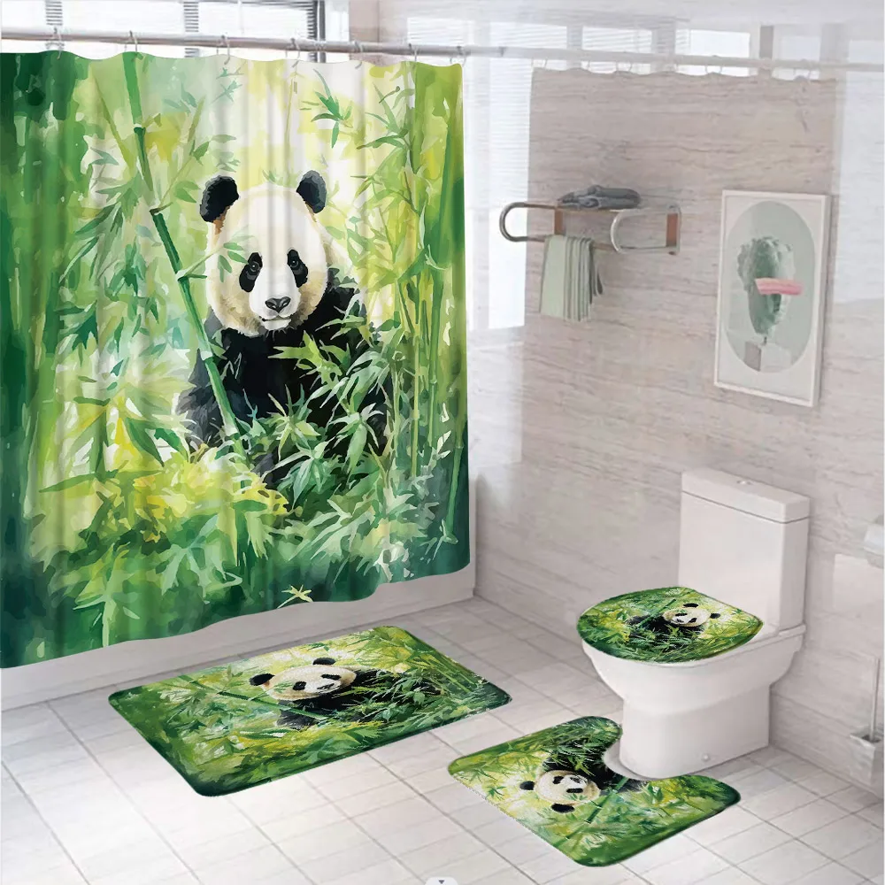 Bamboo Bath Mat - 4Pc Aquarel Groene Bamboe Douchegordijn Set